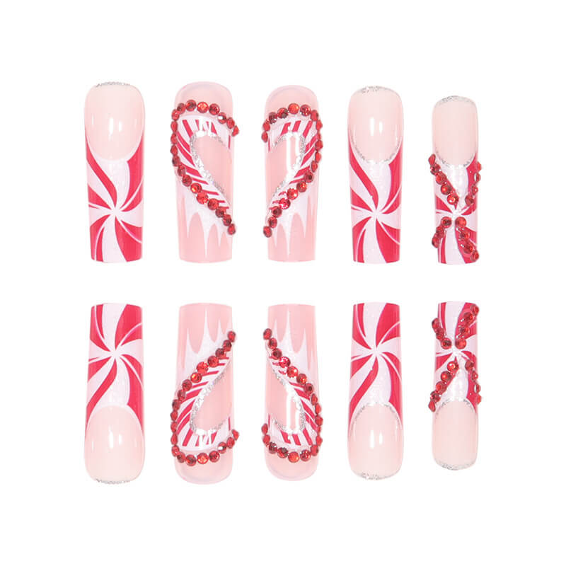 Red Starburst Square Red Rhinestone French Nails
