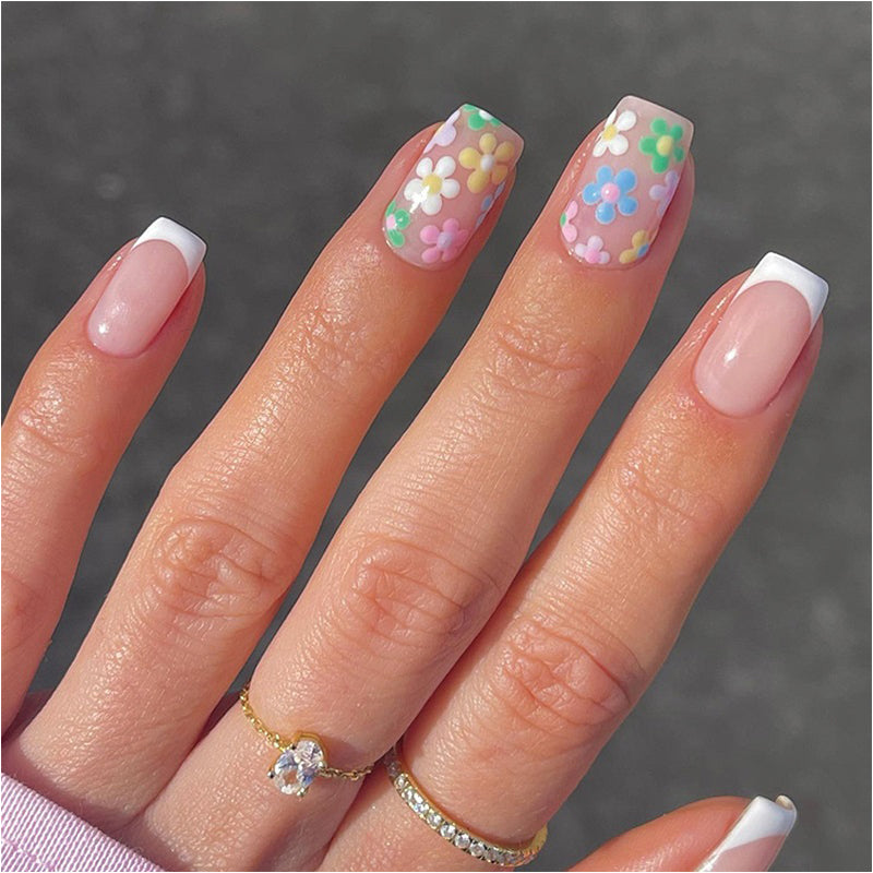 Spring Flowers French Tip Square Nails