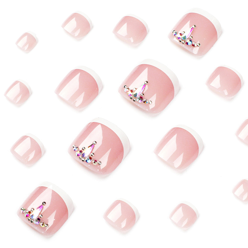 Rhinestones White French Tip Toe Nails