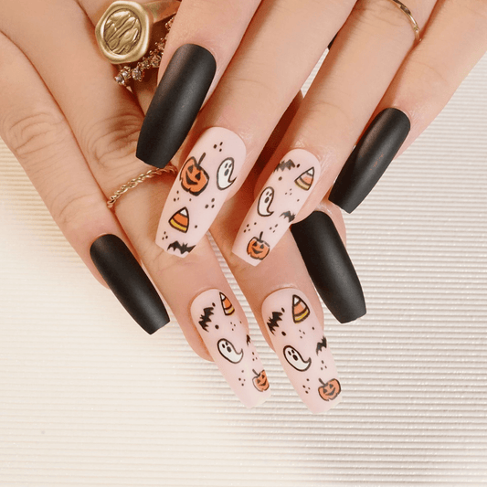 Halloween Pumpkin Ghost Bat Long Coffin Press On Nails