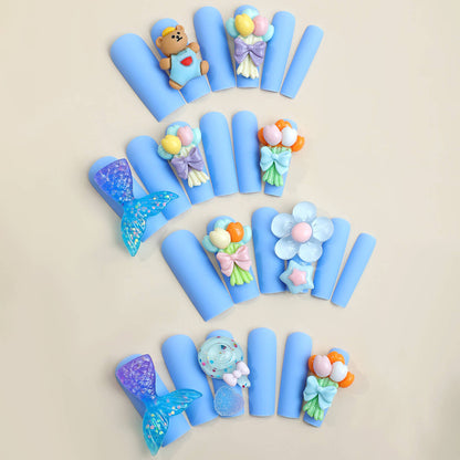 Blue Long Press On Nails With Mermaid Bear Flower Candy Charms