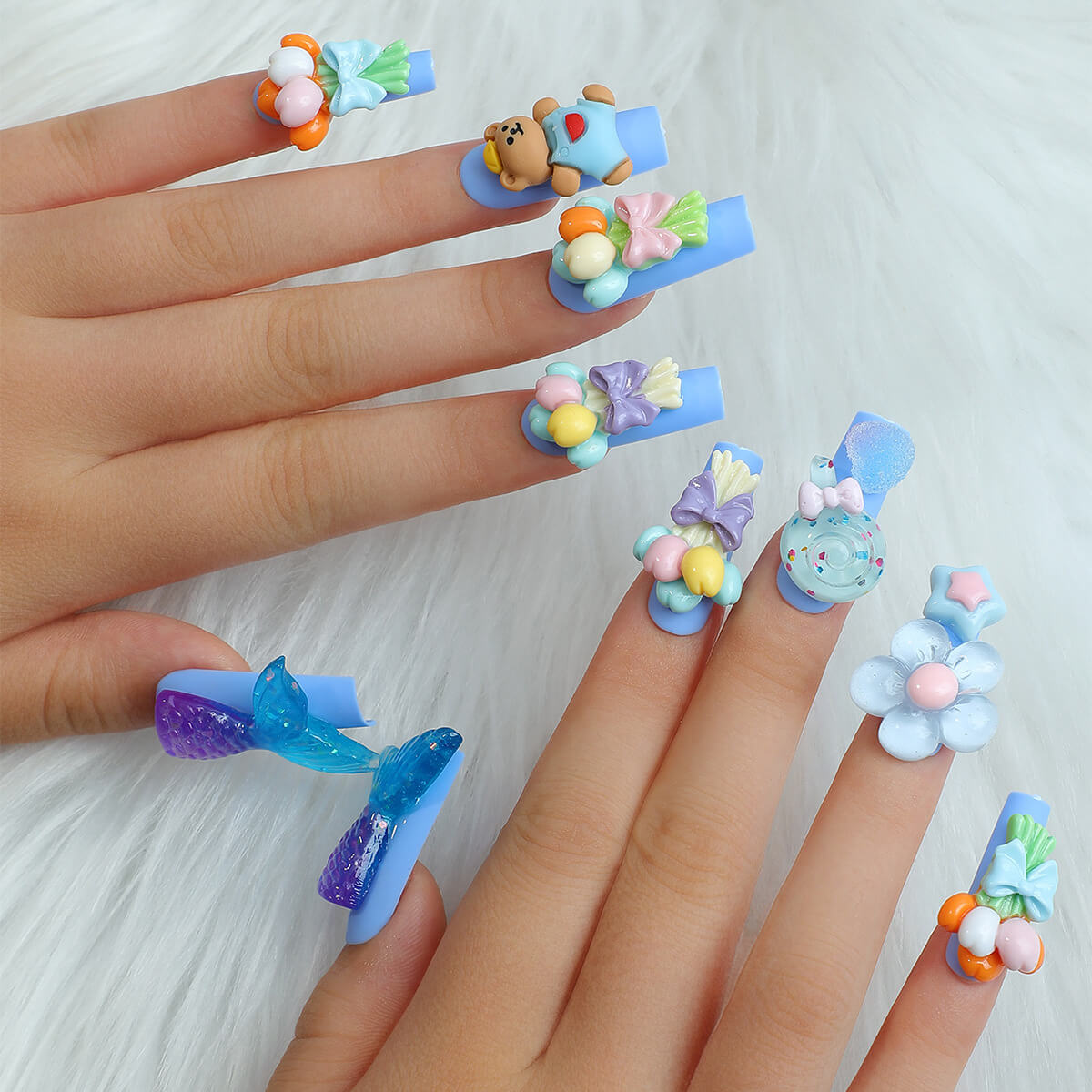 Blue Long Press On Nails With Mermaid Bear Flower Candy Charms