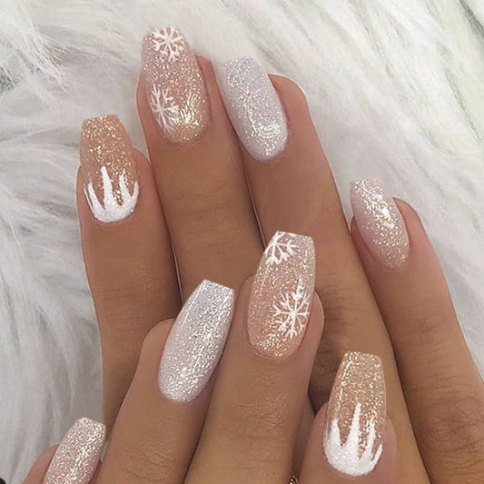 Glitter White Snowflake Christmas Press On Nails