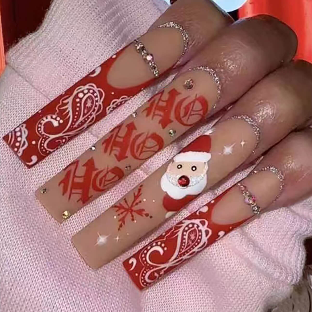 Santa Snowflake Christmas Long Coffin Press On Nails