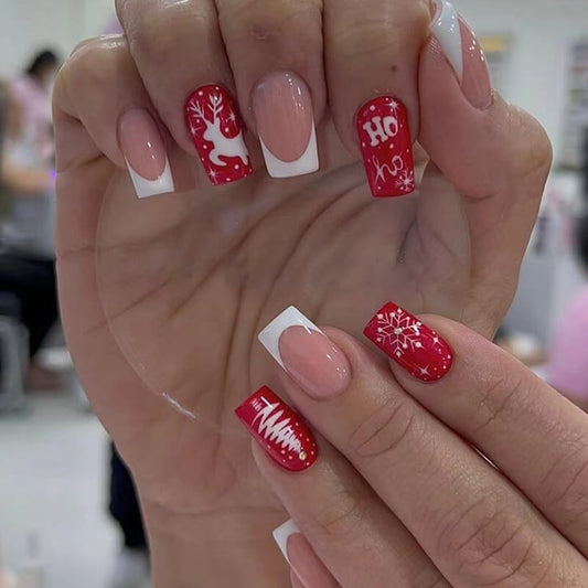 Red Pink Deer Snowflake Christmas Press On Nails