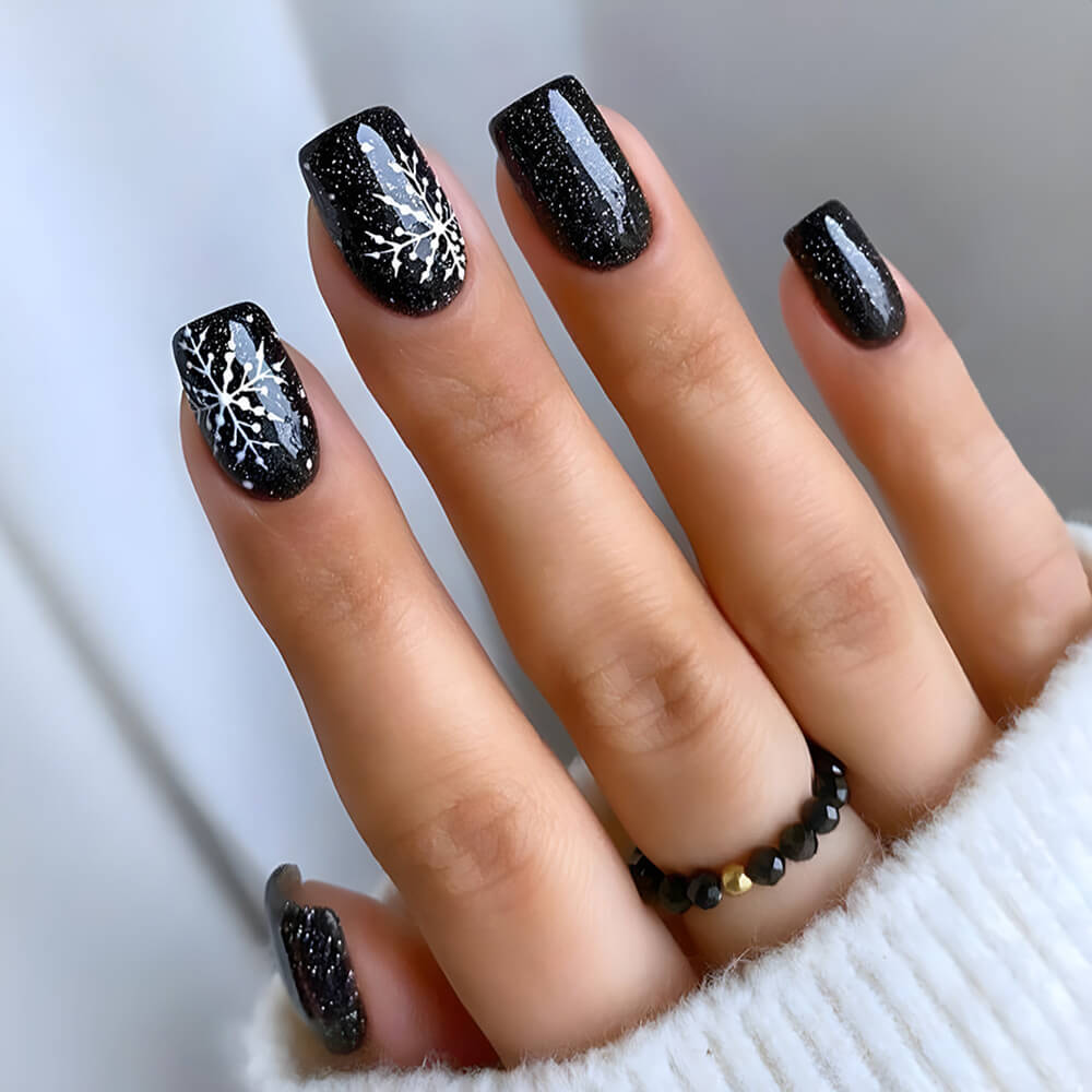 Black Christmas Snowflake Square Press On Nails