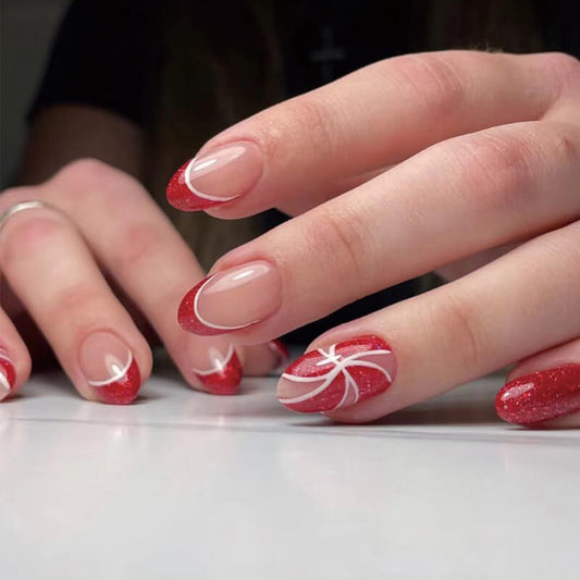 French Tip Oval Christmas Press On Nails