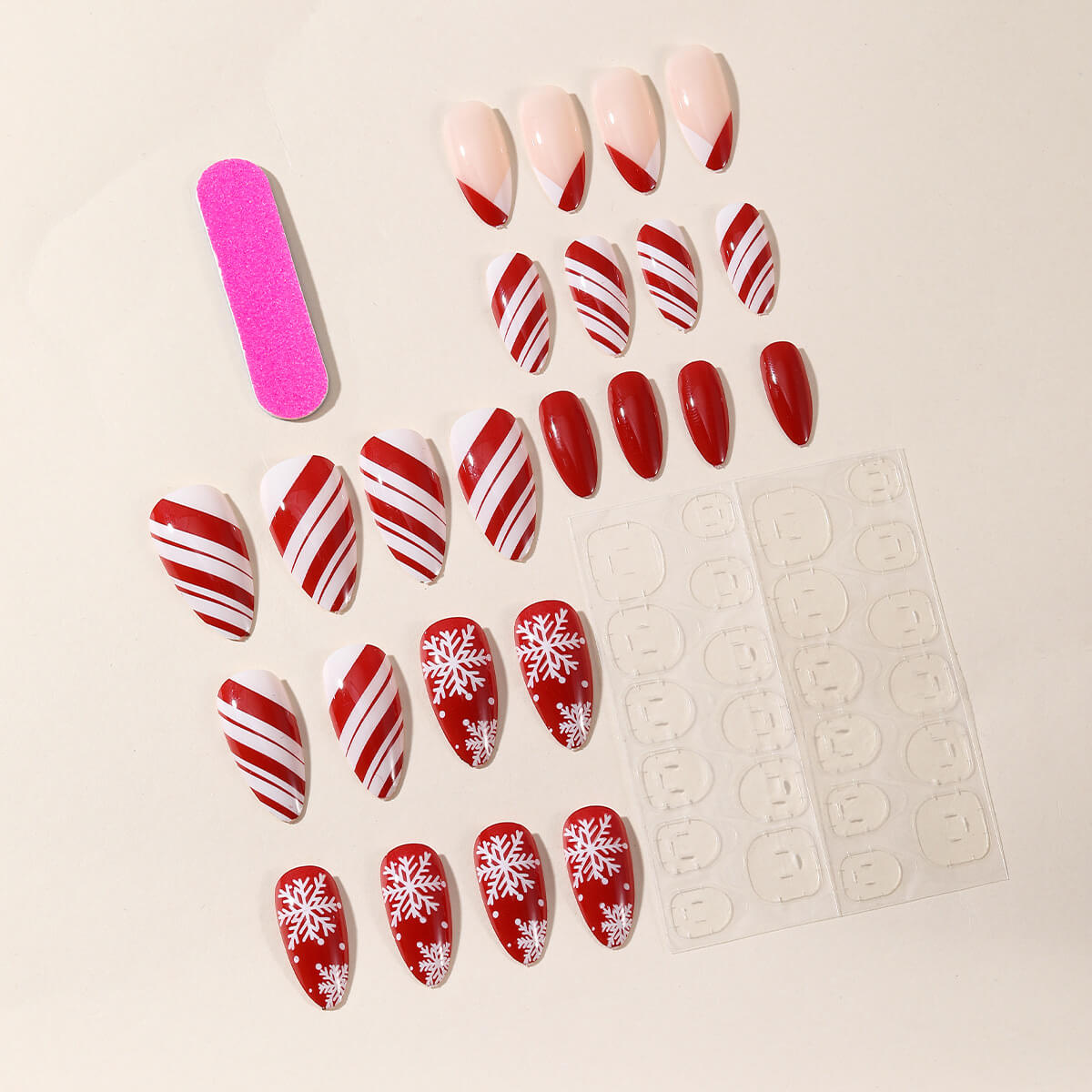 Christmas False Nails In Red & White with Various Snowflake & Stripe Patterns