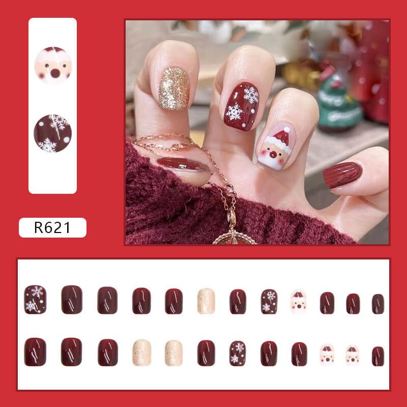 Santa Snowflake Gold Glitter Red Christma Press On Nails Short