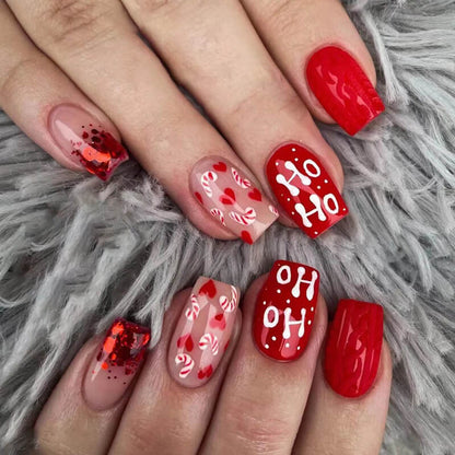 Christmas Candy And Heart Medium Square Red Holiday Press On Nails