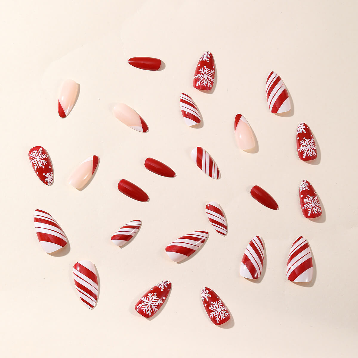 Christmas False Nails In Red & White with Various Snowflake & Stripe Patterns