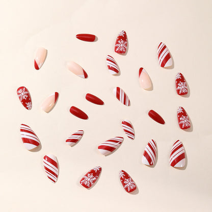 Christmas False Nails In Red & White with Various Snowflake & Stripe Patterns