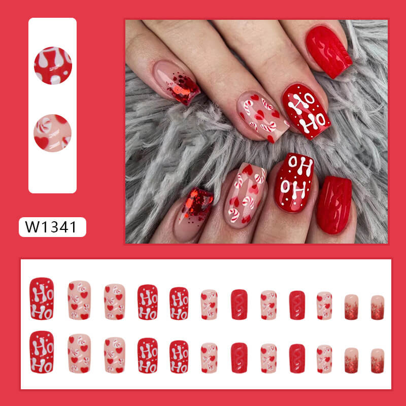 Christmas Candy And Heart Medium Square Red Holiday Press On Nails