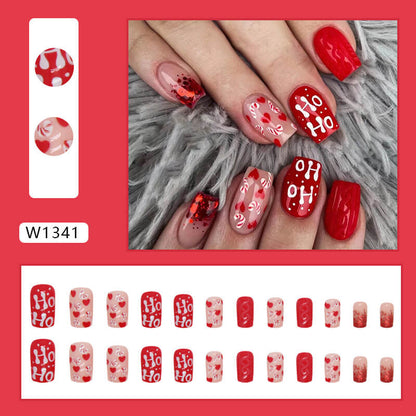 Christmas Candy And Heart Medium Square Red Holiday Press On Nails