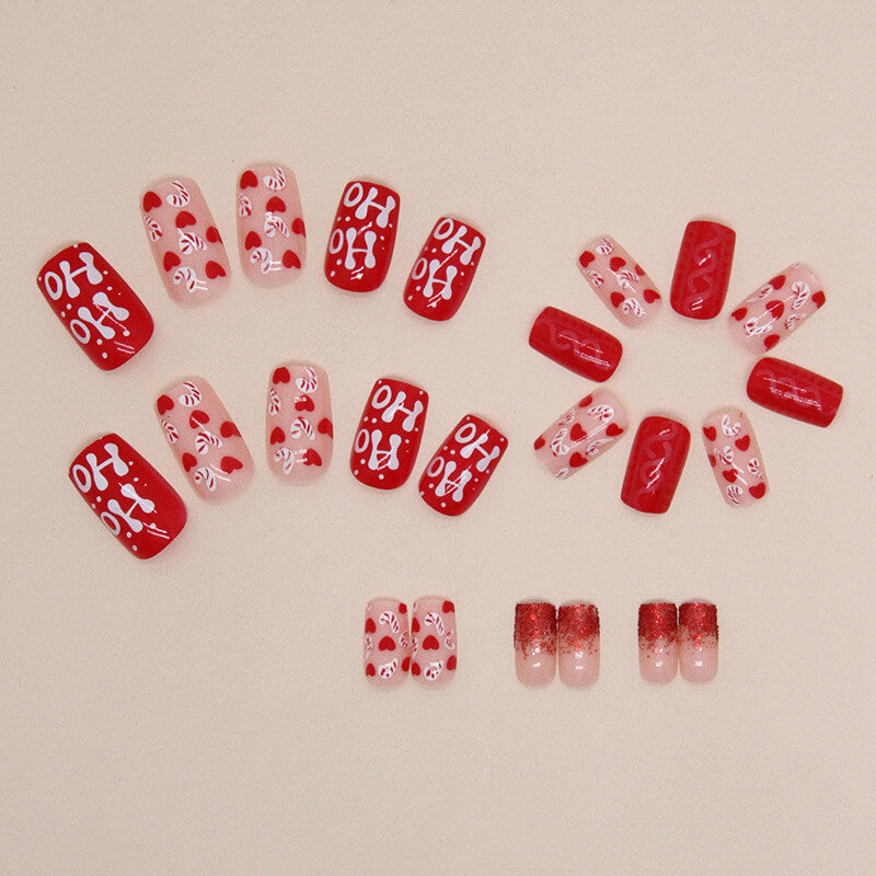 Christmas Candy And Heart Medium Square Red Holiday Press On Nails