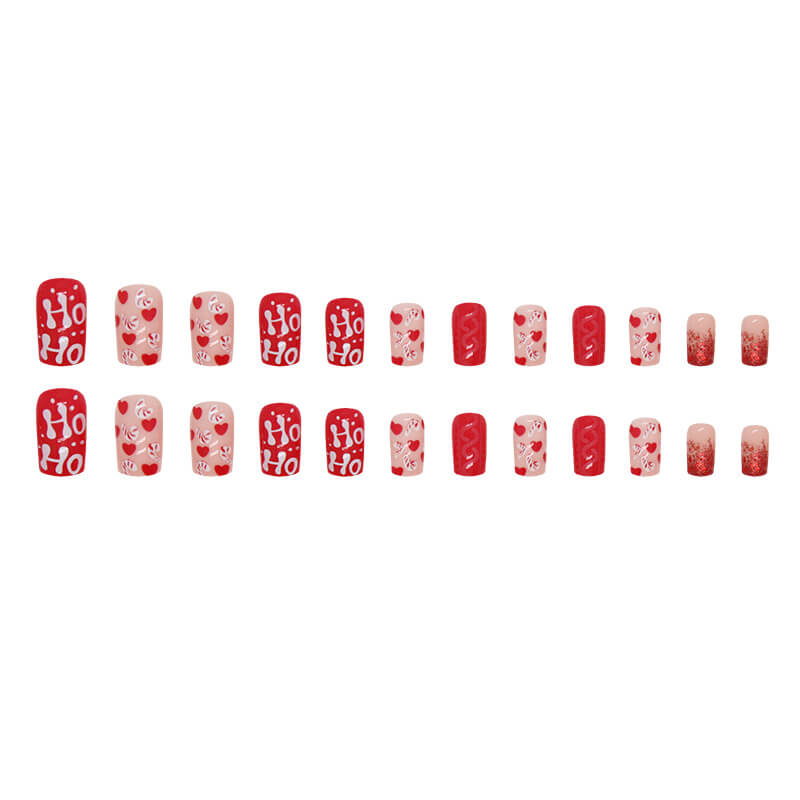 Christmas Candy And Heart Medium Square Red Holiday Press On Nails