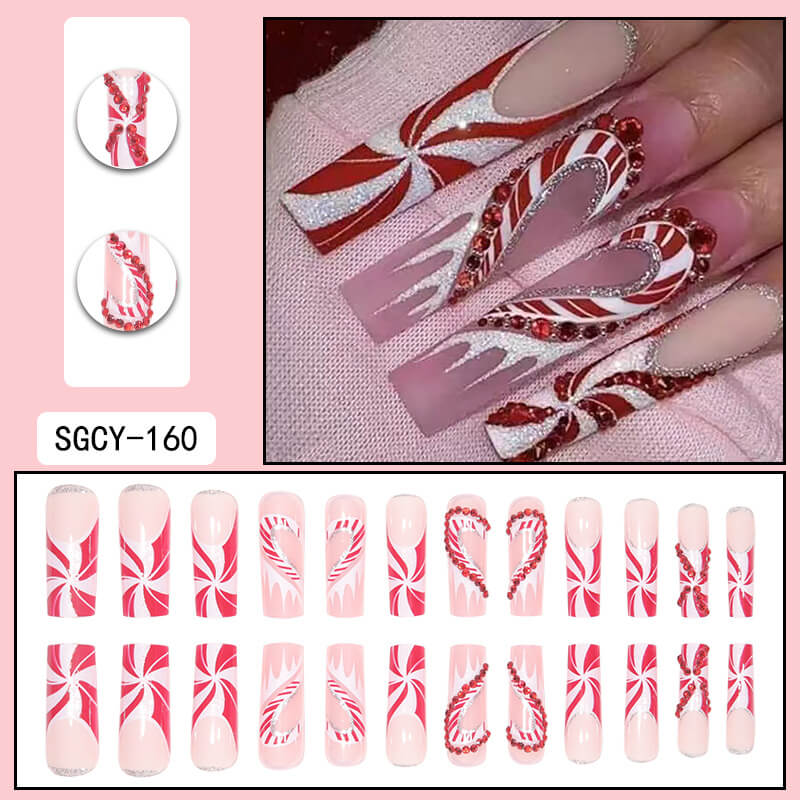 Red Starburst Square Red Rhinestone French Nails