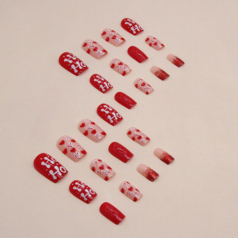 Christmas Candy And Heart Medium Square Red Holiday Press On Nails