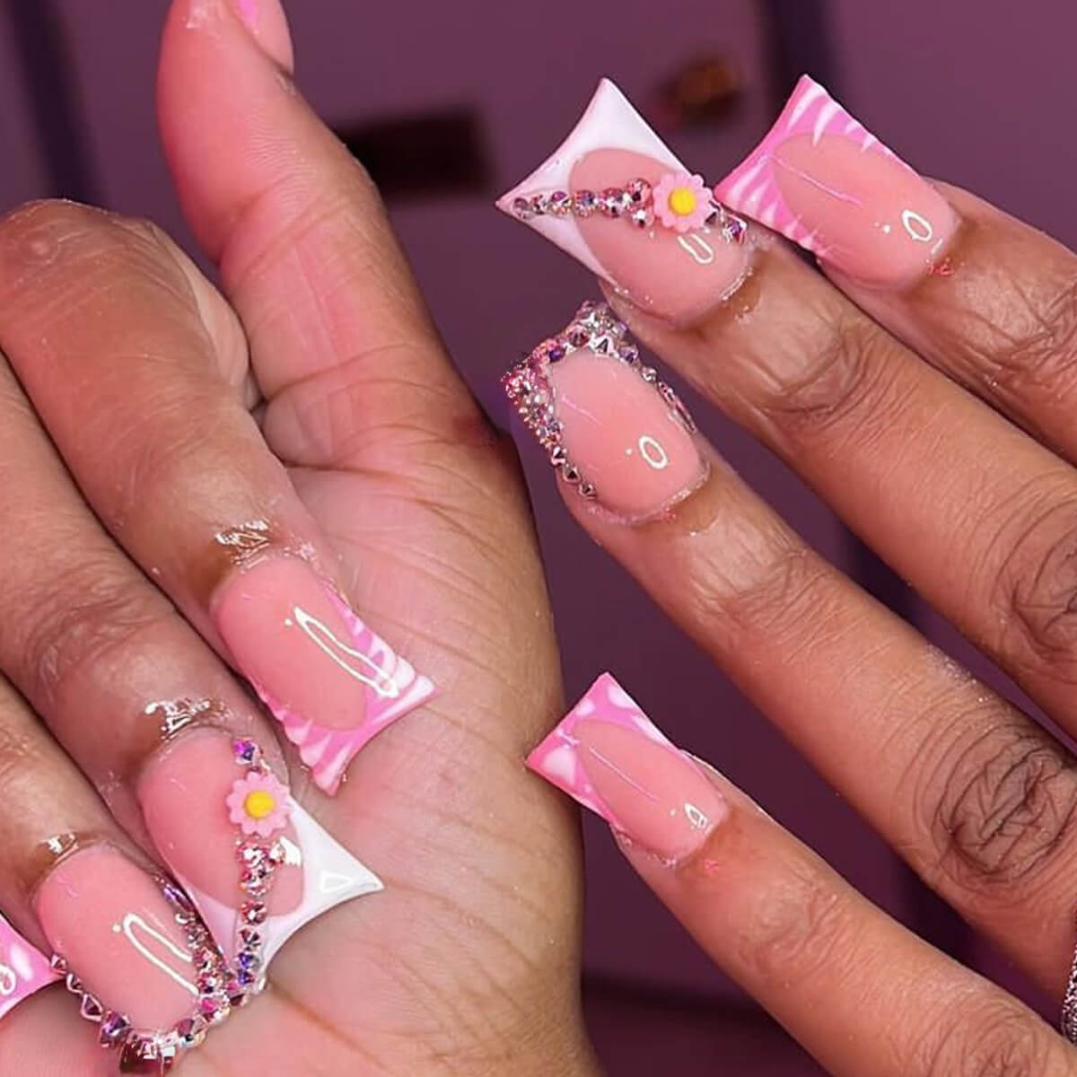 Duck Baby Pink Press On Nails with 3D Flower Charms