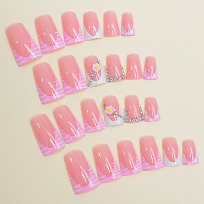 Duck Baby Pink Press On Nails with 3D Flower Charms