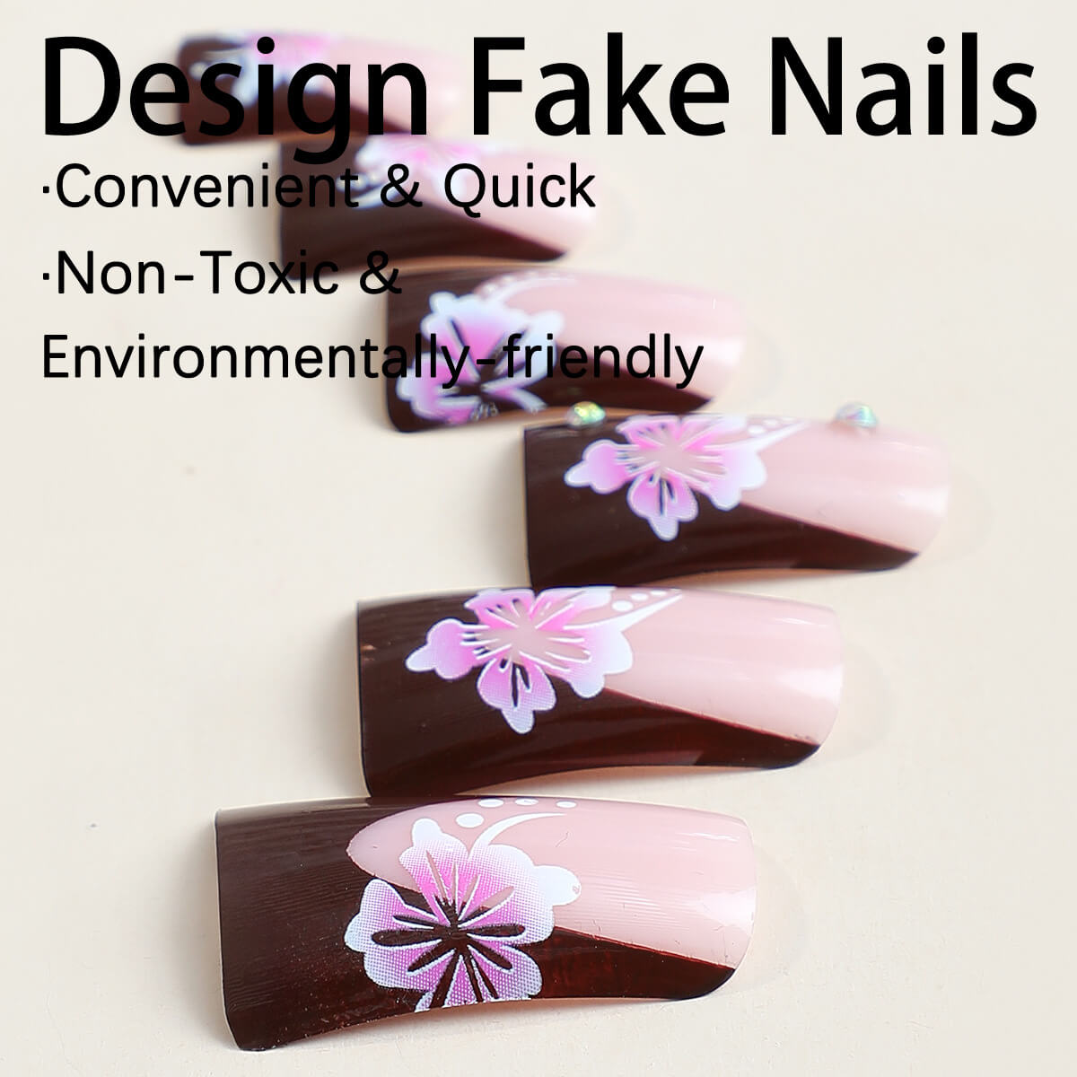 Duck Shape French Flower Rhinestone Medium Press On Nails