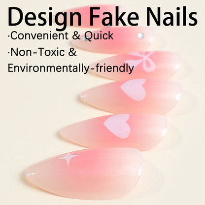 Elegant Pink Ombre Press On Nails Set With Bow & Star& Heart