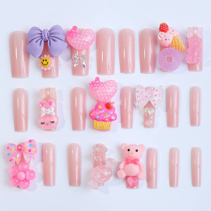 Kwaii Bear Flower Bow Tie Candy Long Press On Nails