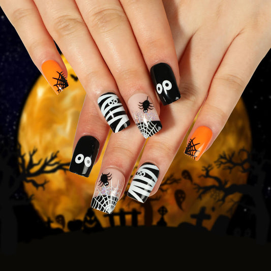 Spooky Pumpkin White Ghost Halloween Press On Nails