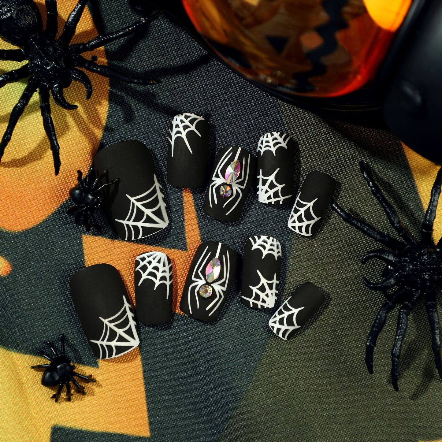 Matte Black Spider and Net Short Halloween Press On Nails