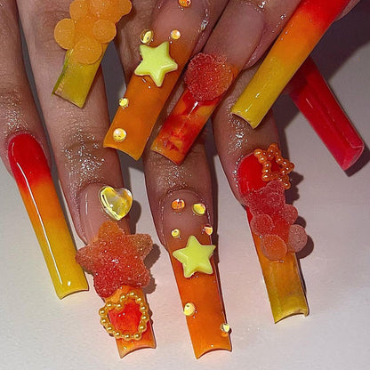 Orange Long Press On Nails With Bear Star Candy Charms