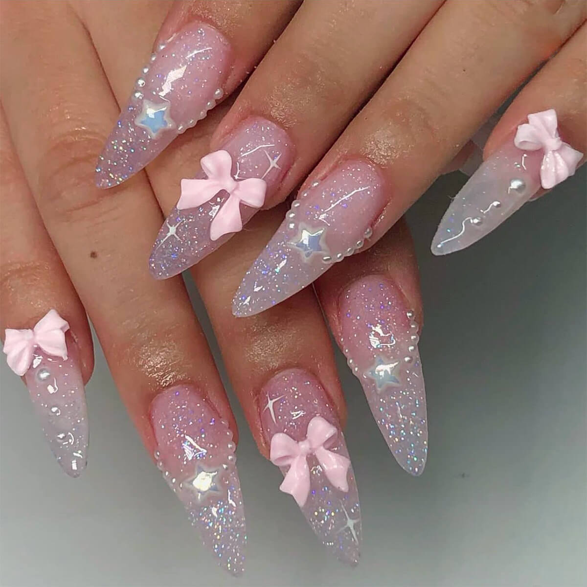 Pink Glitter 3D Bow Star Pearl Press On Nails