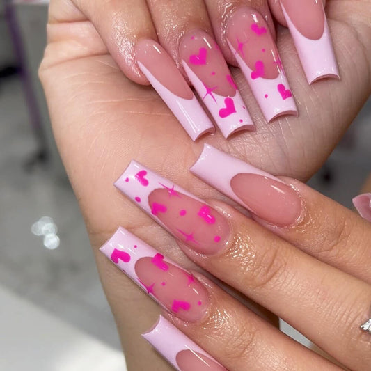 French Tip Pink Heart Valentine Press On Nails