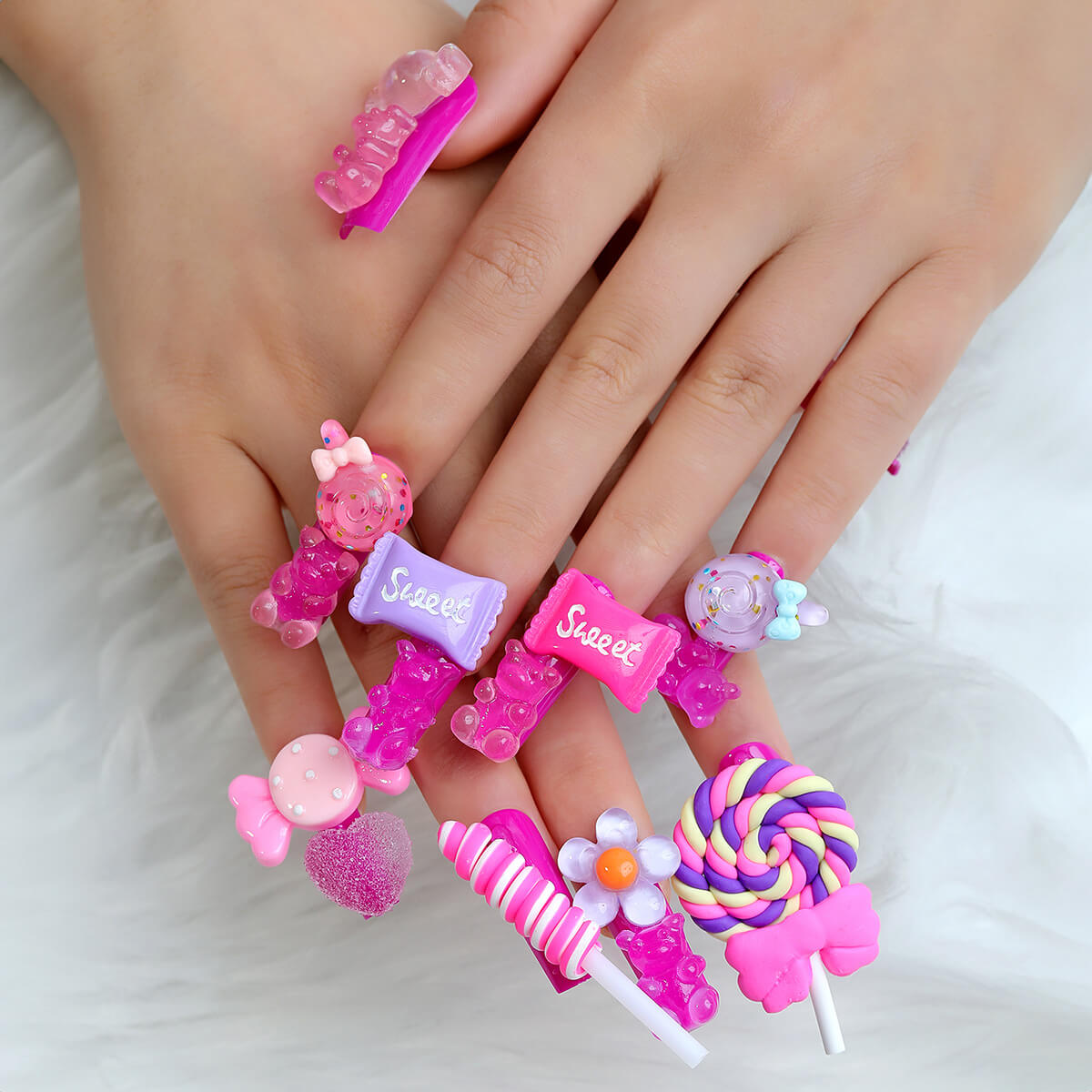 Purple Candy Bow Tie Flower Bear Long Press On Nails