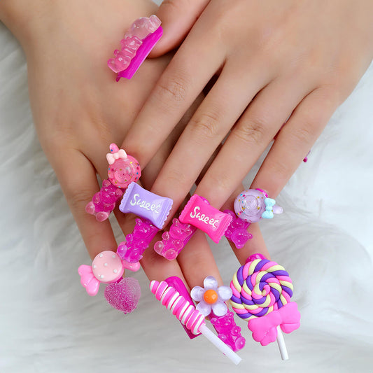 Purple Candy Bow Tie Flower Bear Long Press On Nails