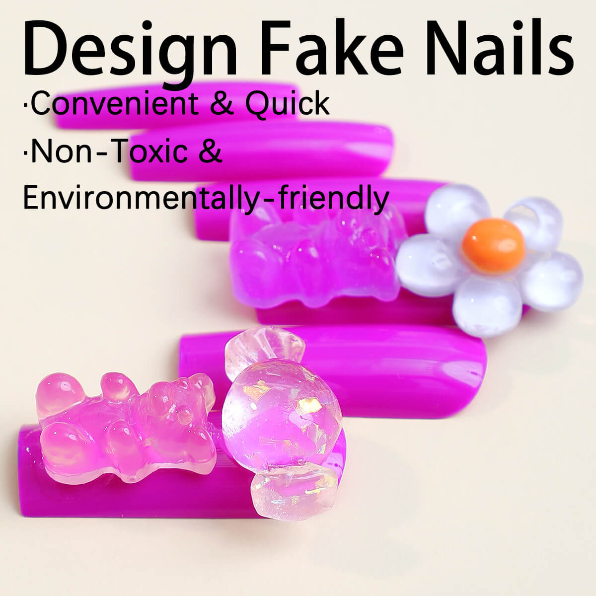 Purple Candy Bow Tie Flower Bear Long Press On Nails