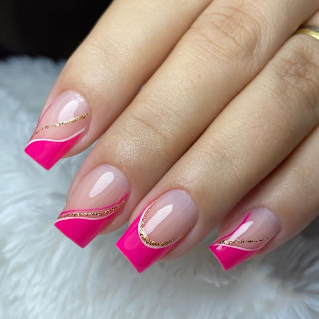 Golden Lines Pink French Tip Press On Nails