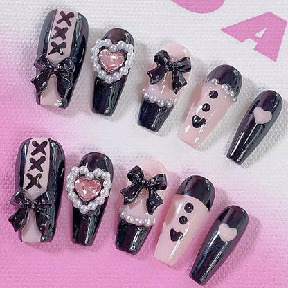 Y2K Pink Black 3D Pearl Bow Tie Love Heart Handmade Press On Nails