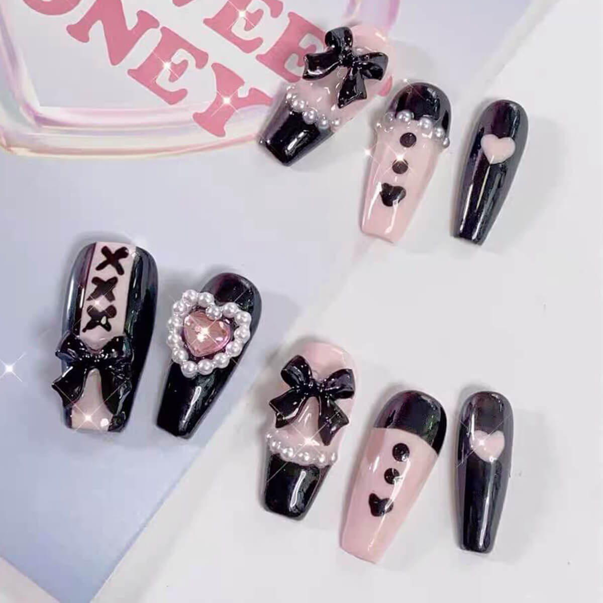 Y2K Pink Black 3D Pearl Bow Tie Love Heart Handmade Press On Nails