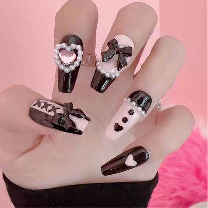 Y2K Pink Black 3D Pearl Bow Tie Love Heart Handmade Press On Nails