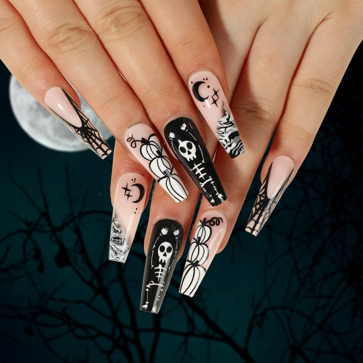 Spider Web, White Skull, Pumpkin, Star & Moon Halloween Press On Nails