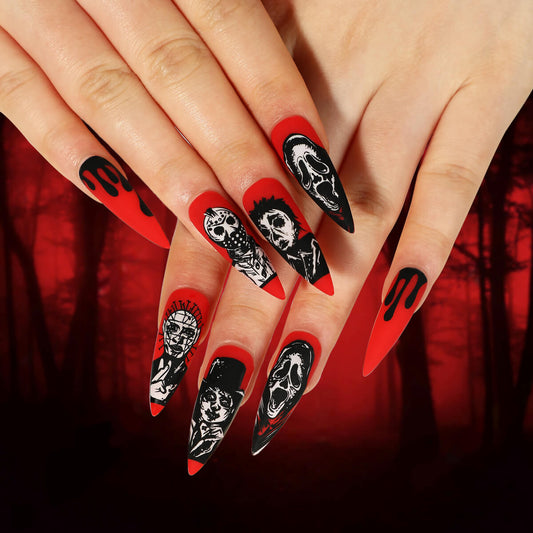 Red and Black Ghosts Halloween Long Press On Nails