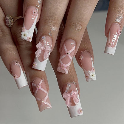 Y2K Pink 3D Flower Pearl Bow Tie French Tip Press On Nails