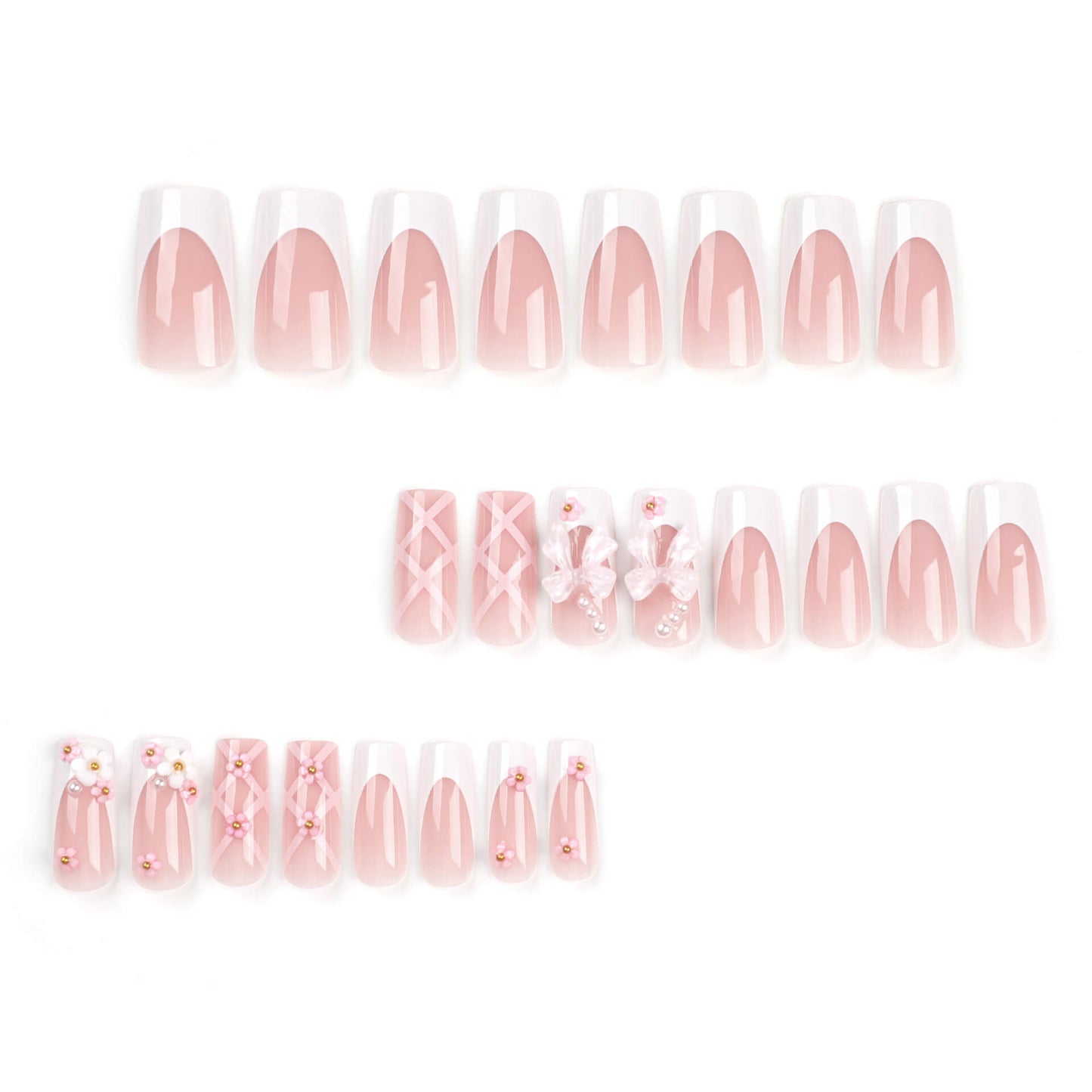 Y2K Pink 3D Flower Pearl Bow Tie French Tip Press On Nails