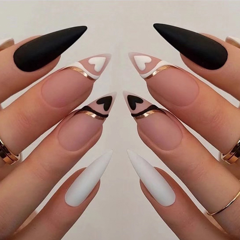 French Black White Heart-Shaped Nails