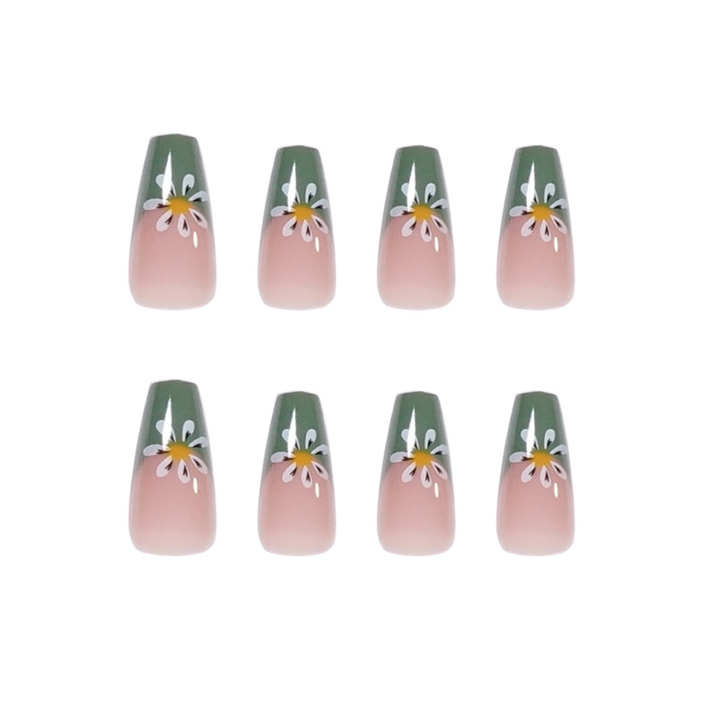 Green Florial Coffin Nails