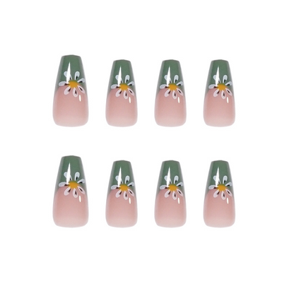 Green Florial Coffin Nails