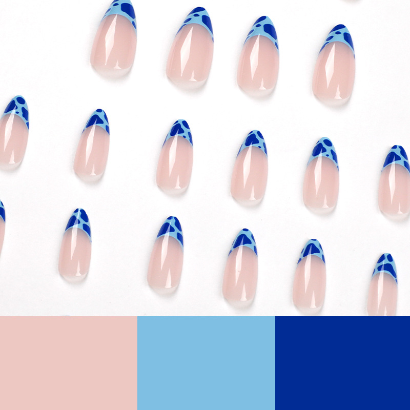 24 pcs Blue Leopard French Almond Nails