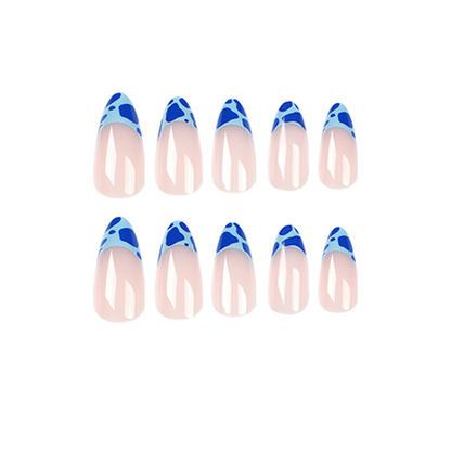 24 pcs Blue Leopard French Almond Nails