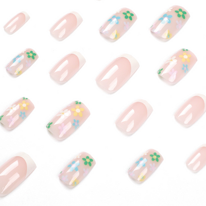 Spring Flowers French Tip Square Nails