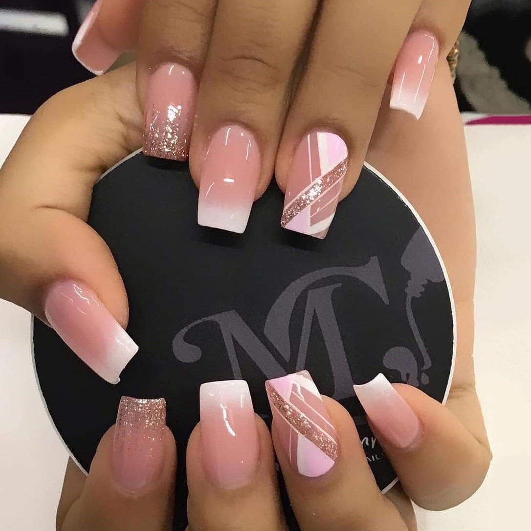 Golden Glitter Ombre Pink French Nails